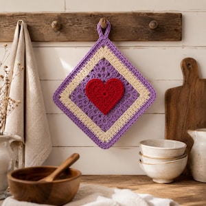 Crochet Heart Pot Holder Pattern PDF, Granny Square Potholder Pattern, Beginner Crochet Kitchen Decor, Instant Download Hot Pad