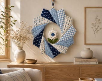 Quilted Wreath Pattern PDF, Patchwork Fabric Wreath Sewing Pattern, Boho Wall Hanging, Beginner Quilt Tutorial,Farmhouse Home Decor Download