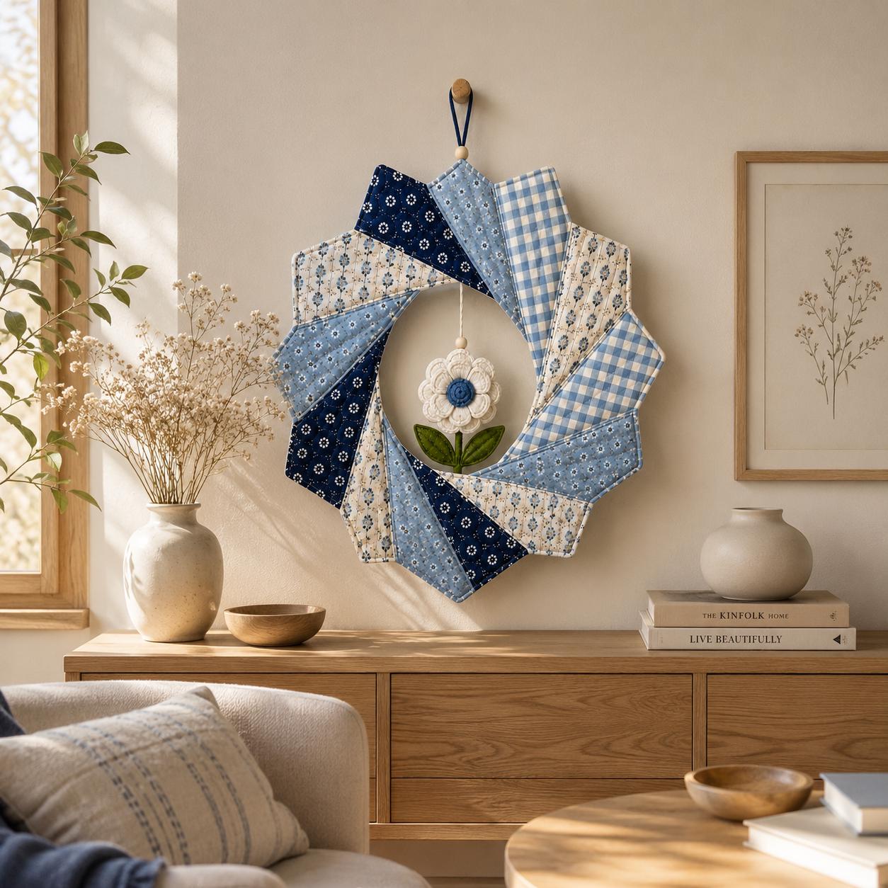 Patron PDF de couronne matelassée, patron de couture de couronne en patchwork, décoration murale bohème, tutoriel de courtepointe pour débutants, téléchargement pour décoration de maison de style campagnard