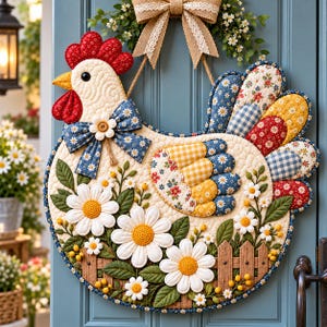 May include: A quilted fabric wall hanging shaped like a chicken, featuring a cream-colored body with red comb and wattle, a blue floral bow, and a tail with yellow, blue, and red patterned patches. It includes white daisy appliqués and a wooden fence.