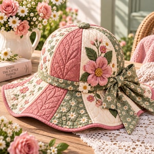 May include: A quilted sun hat featuring alternating panels of dusty rose and sage green fabric. The hat is decorated with embroidered floral patterns, a large three-dimensional fabric flower on the side, and a sage green bow with a white daisy print.