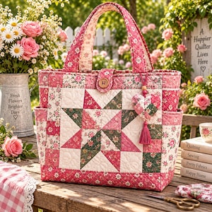 Peut inclure: Un sac fourre-tout matelassé avec un motif d'étoile floral rose et vert, deux anses et une fermeture à bouton centrale. Un petit pendentif en forme de cœur avec un pompon rose est suspendu à l'avant. Le tissu présente un design en patchwork avec divers imprimés floraux dans des tons de rose, crème et vert foncé, fini avec des coutures matelassées détaillées.