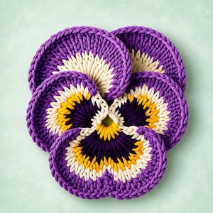 May include: A set of four circular crochet coasters arranged to resemble a pansy flower. Each coaster features concentric rings of deep purple, bright yellow, and cream yarn, with a textured, braided edge that defines the petal-like shape.