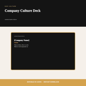 May include: A digital presentation template titled Company Culture Deck with a black background and gold accents. The slide features the text NORDICTEMPLATE.CH, Company Name, and the phrases What we believe, How we work, and What we won't compromise on.