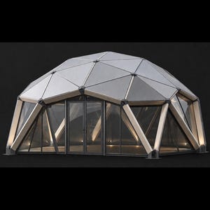 May include: A geodesic dome structure featuring a geometric frame with triangular panels and clear glass walls. The design includes a central double-door entrance and integrated lighting along the structural beams, set against a dark background.
