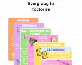 Pósteres coloridos de factorización matemática: Agrupación, Trinomios, Métodos D.O.T.S.