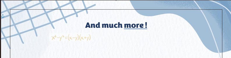 Puede incluir: Un dise&ntilde;o gr&aacute;fico con un patr&oacute;n de cuadr&iacute;cula azul claro y formas azules abstractas sobre un fondo blanco. El texto "And much more !" est&aacute; centrado en azul oscuro, y la ecuaci&oacute;n matem&aacute;tica x&sup2;-y&sup2;=(x-y)(x+y) est&aacute; impresa en amarillo claro.