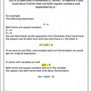 Puede incluir: Un documento educativo blanco titulado 2. D.O.T.S: The Difference Of Two Squares. Explica la factorizaci&oacute;n de binomios con ejemplos como 9-4 y 16x&sup2;+9, mostrando el proceso de hallar ra&iacute;ces cuadradas y escribir par&eacute;ntesis. Al pie, p&aacute;gina 4 de 7.