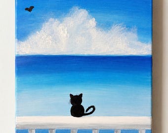 Original Black Cat Ocean Painting by 10-Year-Old Artist, Acrylic Canvas Art, One of a Kind Wall Decor