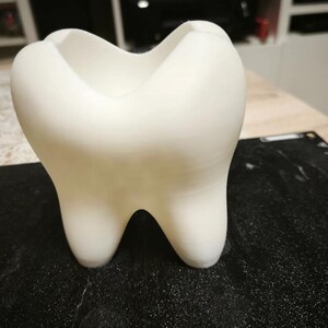 May include: A white, hollow, three-dimensional object shaped like a human molar tooth. The item features a smooth, matte surface with a wide, open top cavity and two distinct roots at the base, standing upright as a singular, solid-coloured unit.