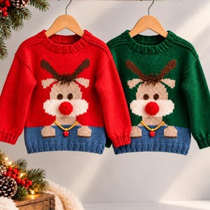 Mistletoe Reindeer Christmas Sweater Knitting Pattern, Easy Beginner Kids Jumper Pattern, Festive Children’s Pullover, Sizes 2–12 Years