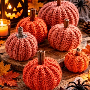 May include: A collection of five round, ribbed, orange knit pumpkins of varying sizes. Four pumpkins feature brown cinnamon stick stems, while one smaller pumpkin has a grey knit stem. The pumpkins are arranged together on a wooden surface.
