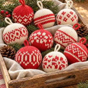 Op de afbeelding: Een verzameling van acht ronde, gebreide kerstballen met rode en crèmekleurige patronen in diverse geometrische ontwerpen en sneeuwvlokken. Elke bal heeft een klein bijpassend gebreid lusje aan de bovenkant, gepresenteerd in een houten dienblad.