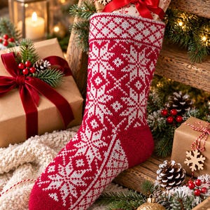 Peut inclure: Une chaussette de Noël en tricot rouge et blanc ornée d'un motif répétitif de flocons de neige et de formes géométriques. La chaussette présente un revers replié et contient un cadeau emballé dans du papier blanc avec un ruban rouge.