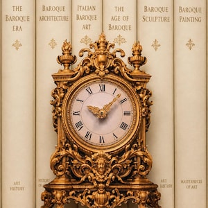 May include: An ornate gold-toned mantel clock with intricate scrollwork, a circular face featuring black Roman numerals, and decorative finials. The clock is positioned in front of six cream-colored books with titles including The Baroque Era, Baroque Architecture, Italian Baroque Art, The Age of Baroque, Baroque Sculpture, and Baroque Painting.