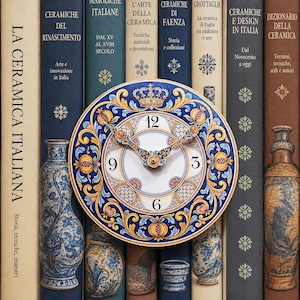Puede incluir: Un reloj de pared redondo con un patrón de estilo cerámico en azul, dorado y blanco, con un motivo de corona en la parte superior. La esfera muestra los números negros 12, 3, 6 y 9, con manecillas doradas ornamentadas sobre libros.