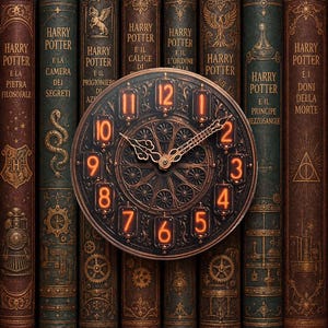 Op de afbeelding: Een ronde wandklok met oplichtende oranje cijfers in nixie-buisstijl en sierlijke metalen wijzers, gemonteerd voor een rij van acht Harry Potter-boekruggen in vintage-stijl met goudkleurige illustraties en titels in reliëf.