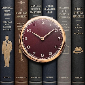 Op de afbeelding: Een ronde analoge wandklok met een roségouden rand en een diepbordeauxrode wijzerplaat met witte cijfers en wijzers, geplaatst voor een rij van zes gebonden boeken met titels zoals L'Eleganza Senza Tempo en Icone di Stile Maschile.