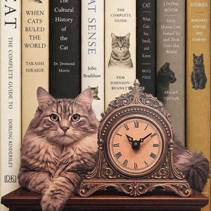 May include: A fluffy grey tabby cat sits beside an ornate bronze-colored mantel clock with Roman numerals. Behind them is a row of books with titles including Cat, When Cats Ruled the World, The Cultural History of the Cat, Cat Sense, and Cat Stories.