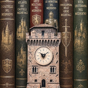Puede incluir: Un reloj de piedra con forma de torre medieval con esfera redonda y números romanos, colocado frente a seis libros de tapa dura titulados I Castelli del Medioevo, Atlante dei Castelli Medievali, Arte Militare nel Medioevo, Le Armature del Medioevo, Enciclopedia delle Armi Medievali y Vita Quotidiana nel Medioevo.