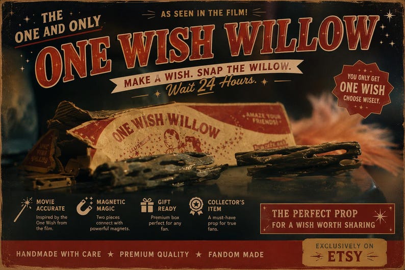 May include: A dark, weathered, two-piece magnetic willow prop displayed with its vintage-style red and cream packaging. The box features the text "ONE WISH WILLOW," "MAKE A WISH. SNAP THE WILLOW," and "YOU ONLY GET ONE WISH CHOOSE WISELY."
