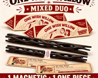 May include: One Wish Willow Mixed Duo set featuring two triangular boxes with red and cream graphics, one long dark brown textured branch, one two-piece magnetic dark brown branch, and two rectangular wish cards with printed text and lines.
