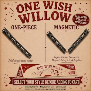 May include: One Wish Willow product display showing a solid one-piece design and a magnetic version that separates into two pieces. The image includes a triangular box with the text One Wish Willow, illustrations of two people, and stars.