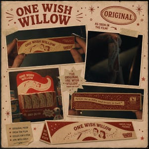 May include: A collection of One Wish Willow product images featuring red and cream packaging with vintage-style illustrations and text. The boxes display instructions to spark the middle and break in half, with the phrase Amaze Your Friends printed on the front. The design includes star accents and a retro aesthetic.
