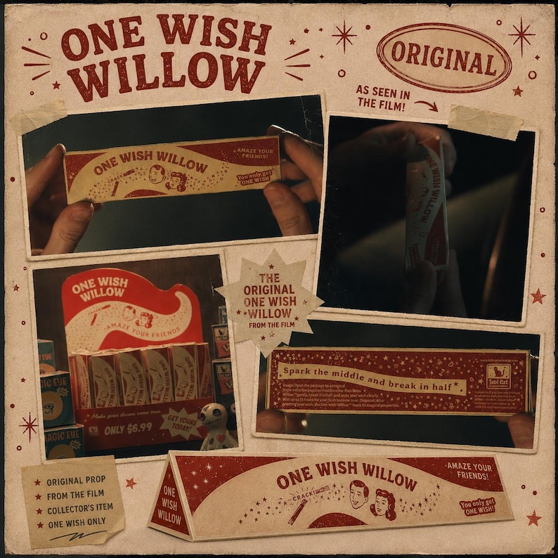 May include: A collection of One Wish Willow product images featuring red and cream packaging with vintage-style illustrations and text. The boxes display instructions to spark the middle and break in half, with the phrase Amaze Your Friends printed on the front. The design includes star accents and a retro aesthetic.