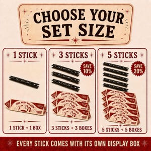 May include: A product selection chart titled CHOOSE YOUR SET SIZE showing three options: 1 stick with 1 box, 3 sticks with 3 boxes, and 5 sticks with 5 boxes. Each option displays black textured sticks and triangular boxes labeled ONE WISH WILLOW.