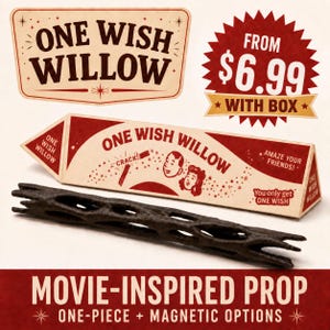 May include: A dark brown, cylindrical, porous wooden stick resembling a wishbone, accompanied by a triangular cardboard box featuring the text ONE WISH WILLOW, illustrations of two faces, and the phrases AMAZE YOUR FRIENDS and You only get ONE WISH.