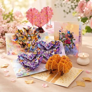 May include: A collection of pop-up greeting cards featuring intricate paper designs including a pink cherry blossom heart, multiple heart-shaped arrangements of colourful butterflies, and a golden autumn tree with fallen leaves on the base.