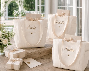 Personalized Embroidered Canvas Tote Bag with Pockets, Bridesmaid Wedding Gift