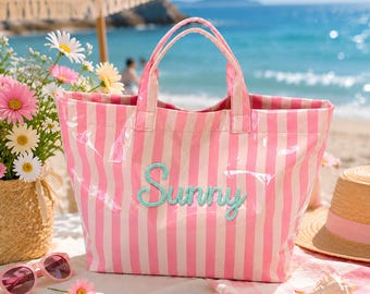 Bolso de mano a rayas personalizado, bolso de playa con nombre personalizado, bolso de PVC impermeable.