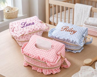 Pochette à lingettes matelassée personnalisée à carreaux vichy, organisateur de voyage brodé avec double fermeture éclair