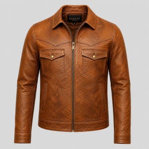 Men’s Tan Snakeskin Embossed Leather Jacket, Western Yoke Cowboy Jacket, Custom Made Reptile Print Outerwear