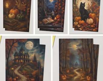 5 Halloween Wall Art Prints Set | Spooky Autumn Paintings | Witchy & Haunted House Printable | Fall Digital Art Bundle