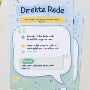 May include: An educational poster titled Direkte Rede with a light blue background, featuring a large white speech bubble containing German text about direct speech, decorated with small yellow, blue, and green stars and confetti accents.