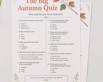 Autumn Quiz to Print | 10 Questions About Autumn | Quiz for Adults & Families | A4 Printable German