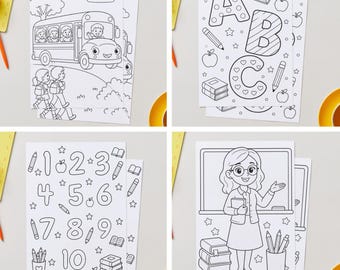 Back to School Coloring Pages | Set of 4, Part 2 | Starting School | Digital Coloring Book | A4 PDF