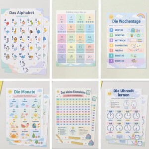 May include: A set of six educational posters featuring pastel-colored grids. The charts display the alphabet, numbers from 1 to 20, days of the week, months of the year, a multiplication table, and clock faces for learning to tell time in German.