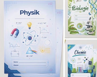 Set of 3 cover sheets for natural sciences | Biology, Chemistry, Physics | School A4 printable templates | Digital download