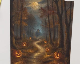 Pumpkin Path Halloween Wall Art | Spooky Autumn Forest Painting | Fall Landscape Printable | Halloween decor