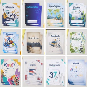 May include: A collection of twelve school subject notebooks featuring illustrated covers for subjects including music, computer science, geography, chemistry, sports, history, German, biology, art, English, mathematics, and physics with blank name fields.