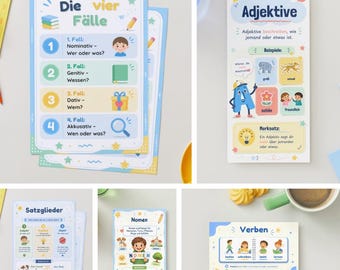 5-card set of German flashcards | Nouns, verbs, adjectives, cases, sentence elements | Primary school learning aid | Digital download