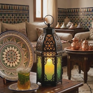 Large Moroccan Lantern with Amber Glass, Vintage Metal Candle Holder, Boho Indoor Outdoor Decor, Rustic Home Accent