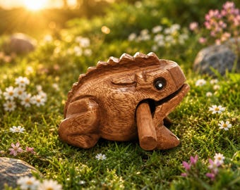 Thailand Hand Carved Wooden Frog, Solid Wood Toad Ornament, Croaking Frog Sculpture, Home Decor, Gift Idea