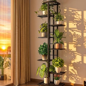 May include: A tall, black metal plant stand featuring multiple staggered shelves arranged in a vertical column. The structure holds various green potted plants of different sizes and shapes, including a monstera, all displayed on a grid-like frame.