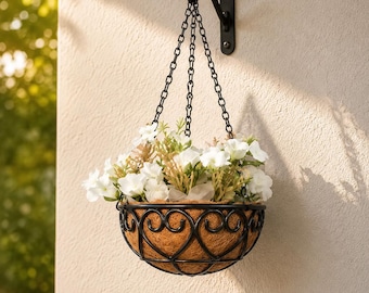 Metal Wire Hanging Basket Planter with Coconut Coir Liner, Round Flower Pot, Outdoor Garden Hanging Planter, Porch & Balcony Plant Decor