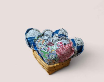 Set of three 7" vintage heart shaped quilted patchwork pillows